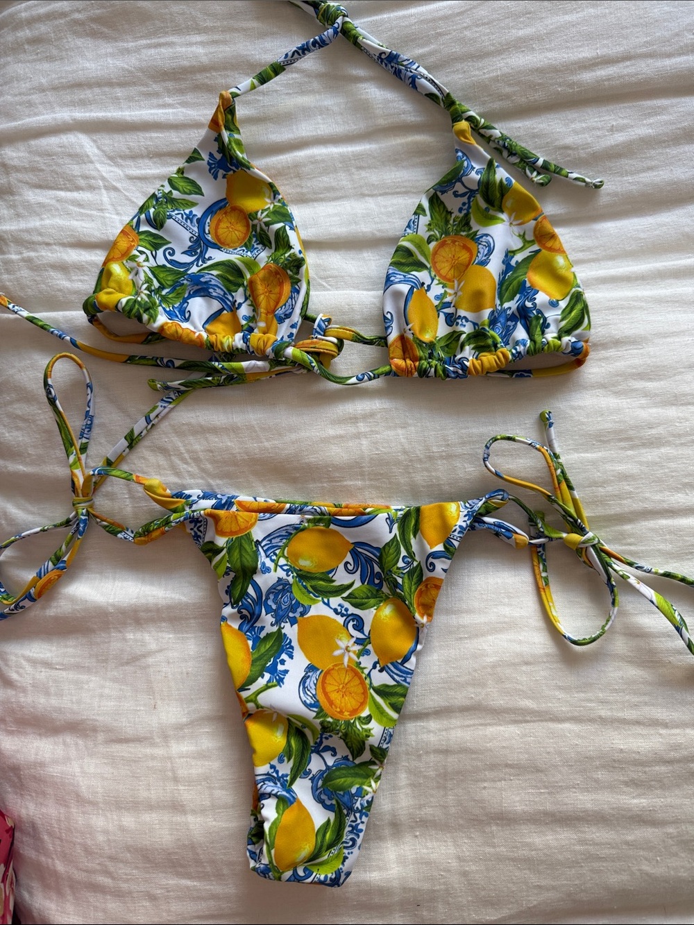 Lemon Mediterranean Print String Bikini Set European Vacation Coastal Size S